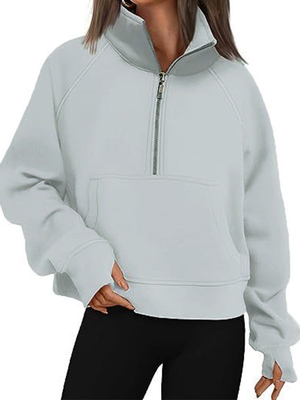 Solid Half Zip Sweatshirt Casual Relaxed Fit Half-zip Sweats, Sporty Fleece Tops With Pockets, Casual Tops With Pockets For Leisure, Athleisure Half-zip Tops With Pockets, Relaxed Fit Sweatshirt With Pockets For Leisure, Fall Leisure Sweatshirt With Pockets, Crew Neck Top With Kangaroo Pocket For Spring, Spring Crew Neck Top With Kangaroo Pocket, Athleisure Sweatshirt With Pockets For Leisure