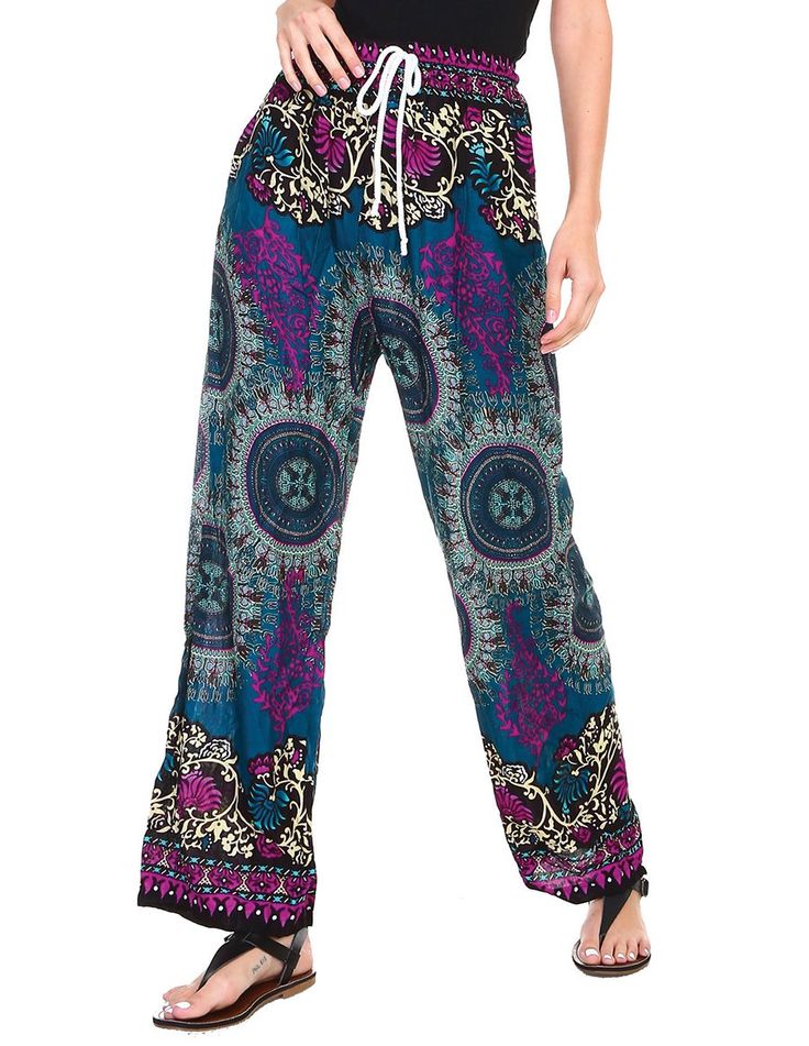 Bohemian Relaxed Fit Printed Pants, Bohemian Floral Print Full-length Pants, Bohemian Ankle-length Floral Pants, Spring Boho Print Harem Bottoms, Bohemian Pants With Floral Print And Loose Fit, Bohemian Floral Print Pants With Loosely Fitted Hips, Bohemian Blue Bottoms With Boho Print, Blue Bohemian Bottoms With Boho Print, Bohemian Wide-leg Pants With Floral Print