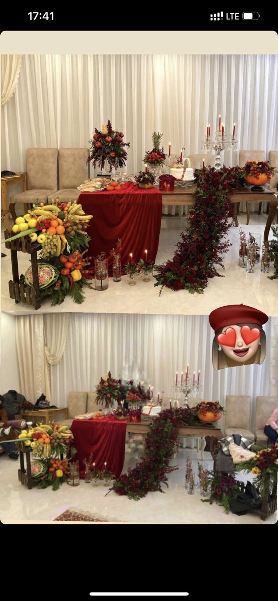 three photographs of a table with flowers and candles on it, one is decorated in red