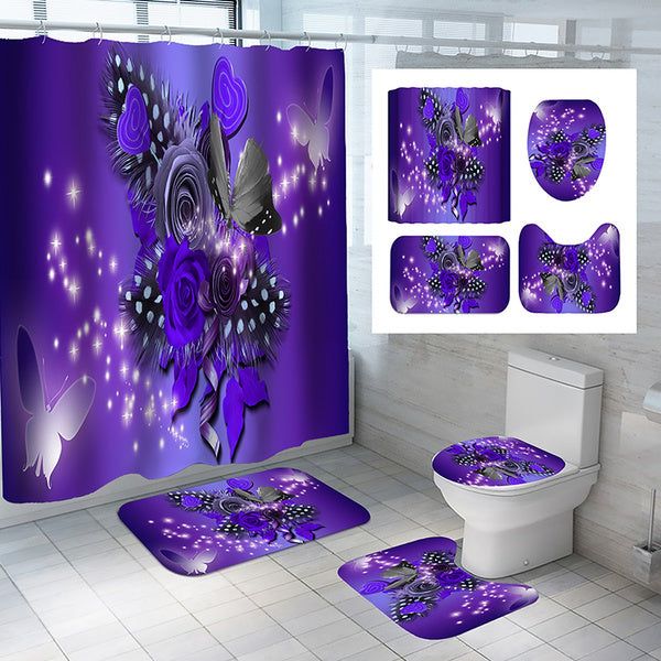 the bathroom is decorated with purple flowers and butterflies