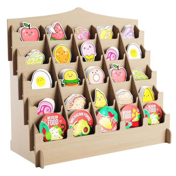 a wooden toy display with lots of different magnets on it's sides and compartments