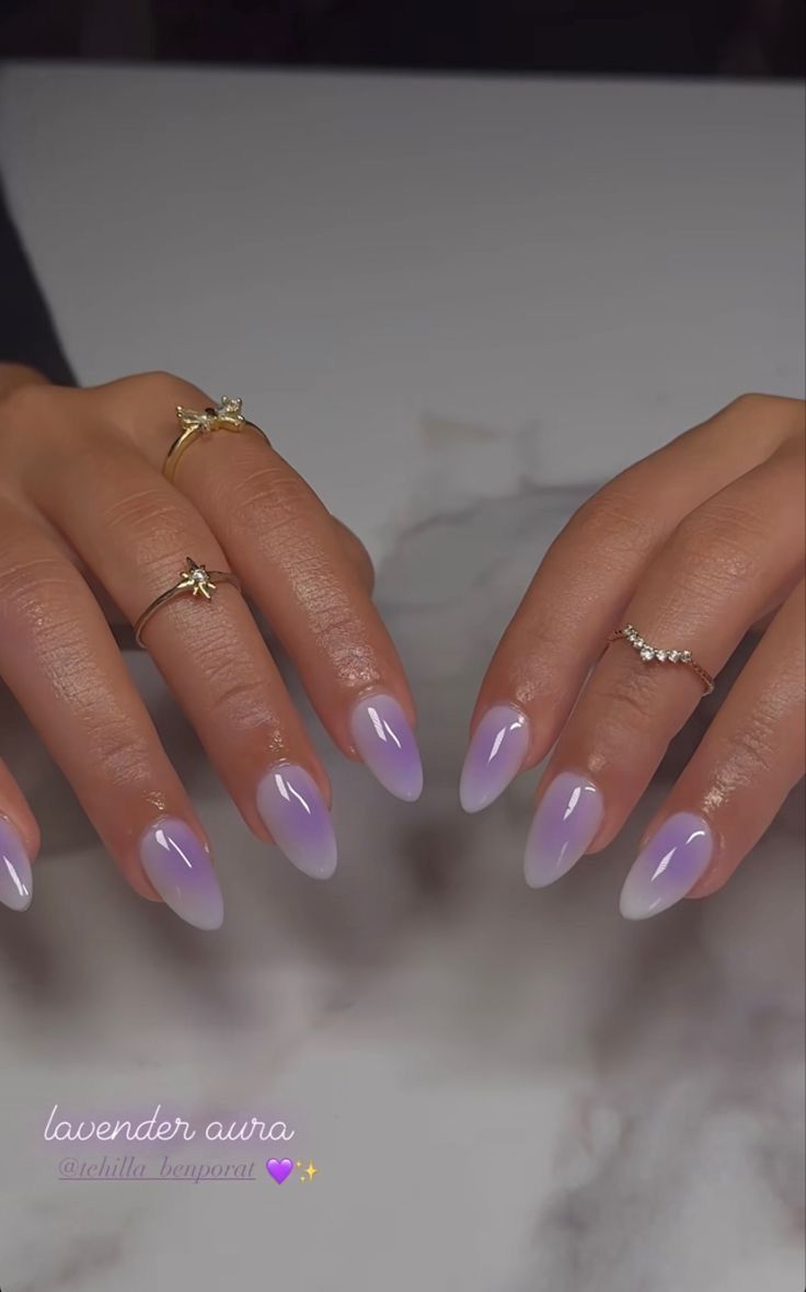 Nail Inspo Pastel Purple, Lilac Nails Acrylic Design, Purple French Tip Nails With Glitter, Purple French Tip With Chrome, Short Round Nails Purple, Purple Nails Aura, Lilac Aura Nails, Lavender Aura Nails, Light Purple Nails With Design