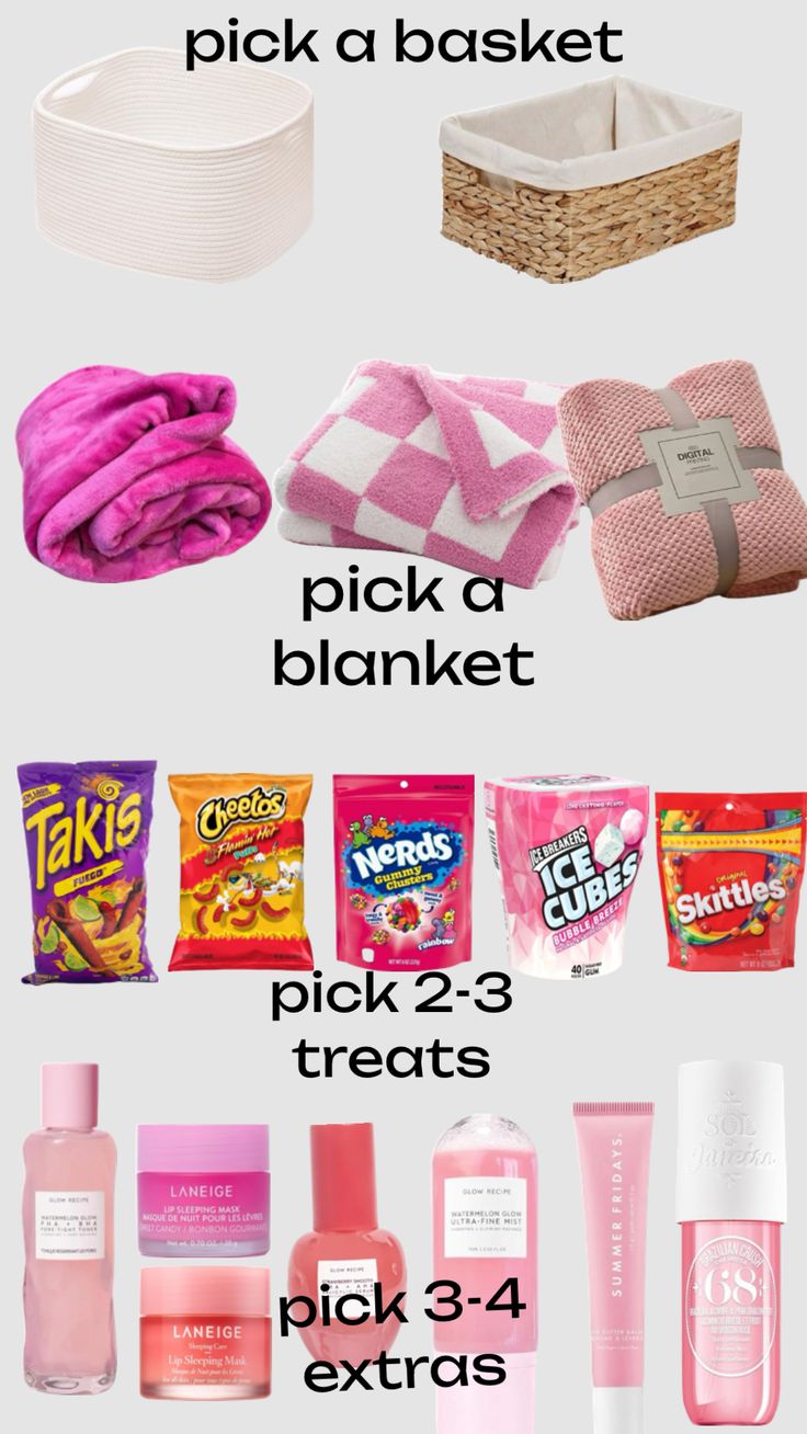 the contents of a pink basket are shown in this graphic above it's description