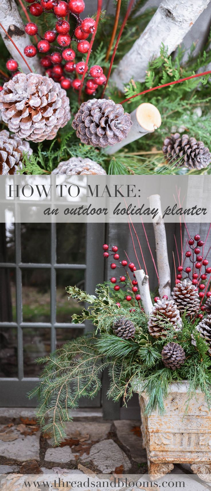 an outdoor holiday centerpiece with pine cones and berries