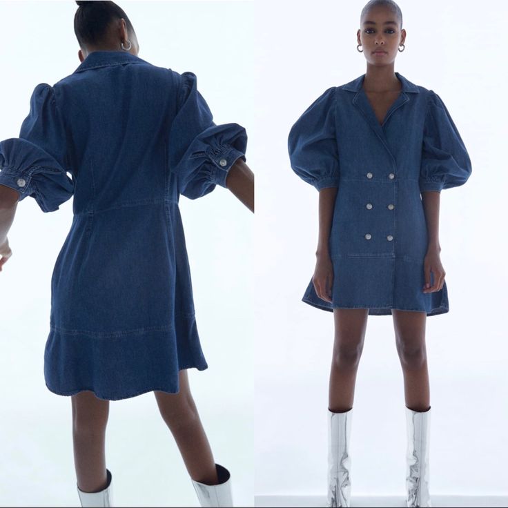 Brand New With Tags. Elegant Mini Denim Dress For Spring, Fall Blue Knee-length Denim Dress, Elegant Denim Dress With Buttons, Chic Long Sleeve Denim Blue Mini Dress, Fall Blue Puff Sleeve Mini Dress, Elegant Spring Denim Mini Dress, Chic Denim Blue Mini Dress For Fall, Chic Blue Mini Denim Dress, Chic Blue Mini Length Denim Dress