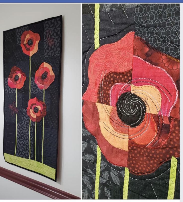 two quilts hanging on the wall next to each other with flowers painted on them