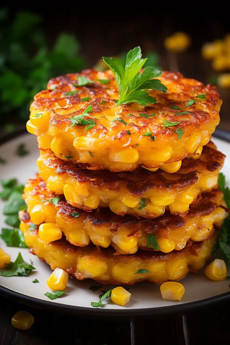 corn fritters stacked on top of each other with garnish and parsley