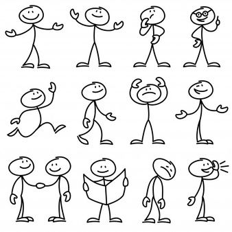 cartoon stick figures with different poses and expressions for children to draw on the white background