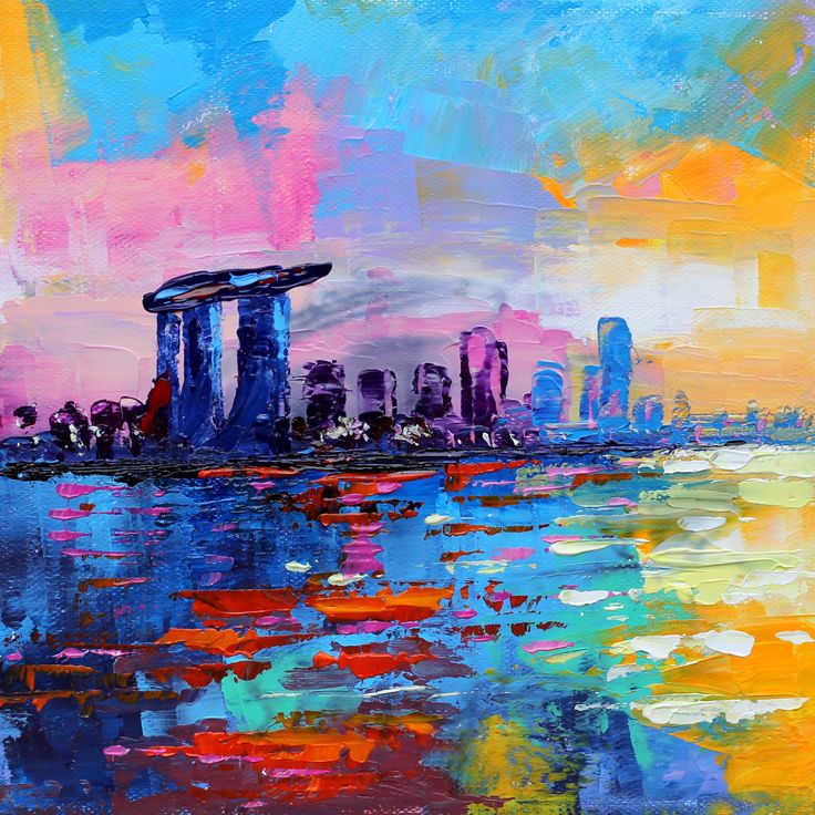 an oil painting of a cityscape with colorful clouds in the sky and water