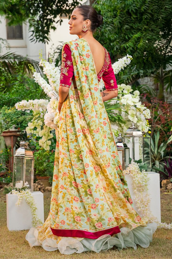 Eman (A) – Sania Maskatiya International Floral Print Saree For Reception And Festivals, Anarkali Floral Print Saree For Reception, Yellow Floral Print Lehenga For Wedding, Floral Print Georgette Choli For Festivals, Yellow Floral Print Lehenga For Navratri, Chanderi Lehenga With Floral Print For Navratri, Floral Print Chanderi Lehenga For Navratri, Yellow Floral Print Choli For Wedding, Floral Print Dupatta For Reception And Festivals