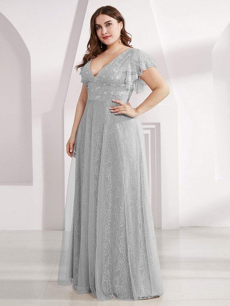 Color=Grey | Plus Size Double V Neck Lace Evening Dresses With Ruffle Sleeves-Grey 1 Simple Lace Wedding Dress, Dress With Ruffle Sleeves, Lace Evening Gowns, Ruffle Wedding Dress, Tulle Bridesmaid Dress, Grey Bridesmaid Dresses, Ever Pretty, Casual Wedding Dress, Affordable Dresses