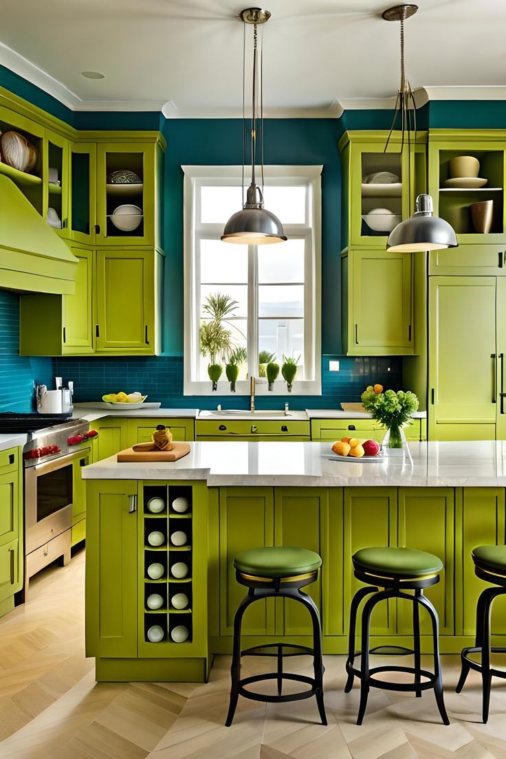 a kitchen with green cabinets and stools