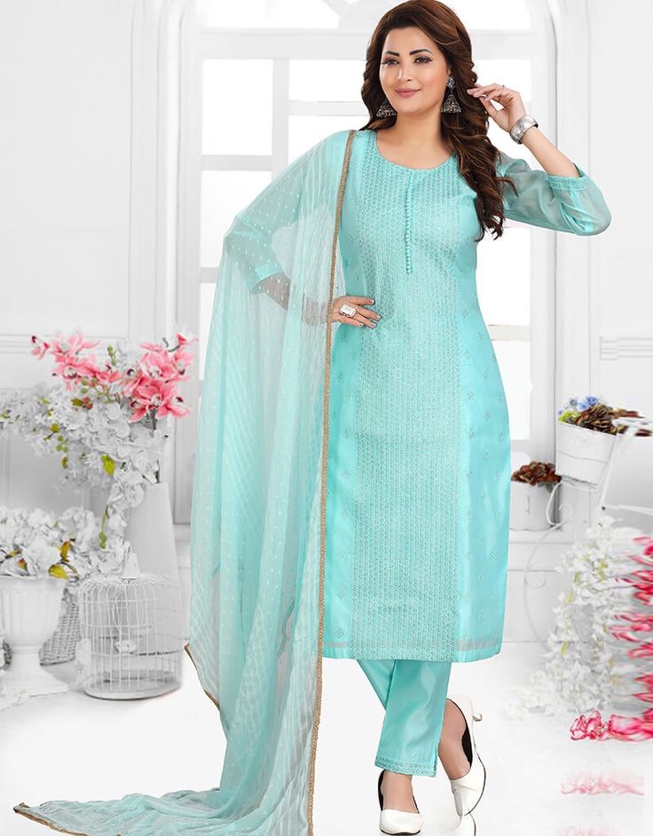 Sky Blue Chanderi Silk Pant Salwar Suit Blue Unstitched Suit For Spring Festive, Blue Partially Stitched Unstitched Suit For Spring, Blue Fitted Straight Kurta Pant Set, Blue Fitted Pant Set With Straight Kurta, Fitted Light Blue Salwar Kameez With Long Sleeves, Fitted Light Blue Long Sleeve Salwar Kameez, Semi-stitched Light Blue Embroidered Sets, Light Blue Semi-stitched Embroidered Sets, Semi-stitched Embroidered Light Blue Sets