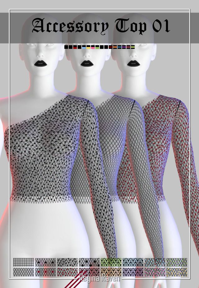 three mannequins with different patterns on them and the words accessory top 01