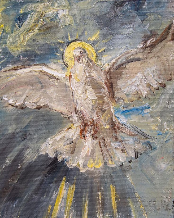 an oil painting of a dove with the sun shining through its wings