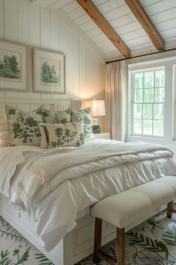 a white bed sitting under two windows in a bedroom