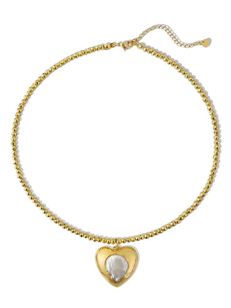 The perfect standout piece you've been waiting for - meet 'NOÉMIE'. Featuring a stunning mother of pearl heart pendant encapsulated with 14K gold, this necklace is bound to become a treasured accessory in your jewelry collection. Made with 14K gold faceted hematite beads and a 14K gold plated over brass genuine mother of pearl pendant. Available in lengths 14", 15", 16", 18", 20". All lengths include a 2" extension chain. Handmade with love in Los Angeles. Anniversary Pearl Pendant Necklace In Mother Of Pearl, Anniversary Necklace With Pearl Pendant In Mother Of Pearl, Gold Pearl Necklace With Heart Charm For Anniversary, Anniversary Necklace With Mother Of Pearl Pendant, Gold Heart Necklace With Pearl Charm As Gift, Gold Pearl Necklace With Heart Pendant For Anniversary, Gold Heart Pendant Pearl Necklace For Anniversary, Gold Necklace With Pearl Chain And Heart Pendant, Anniversary Gold Necklaces With Pearl Charm