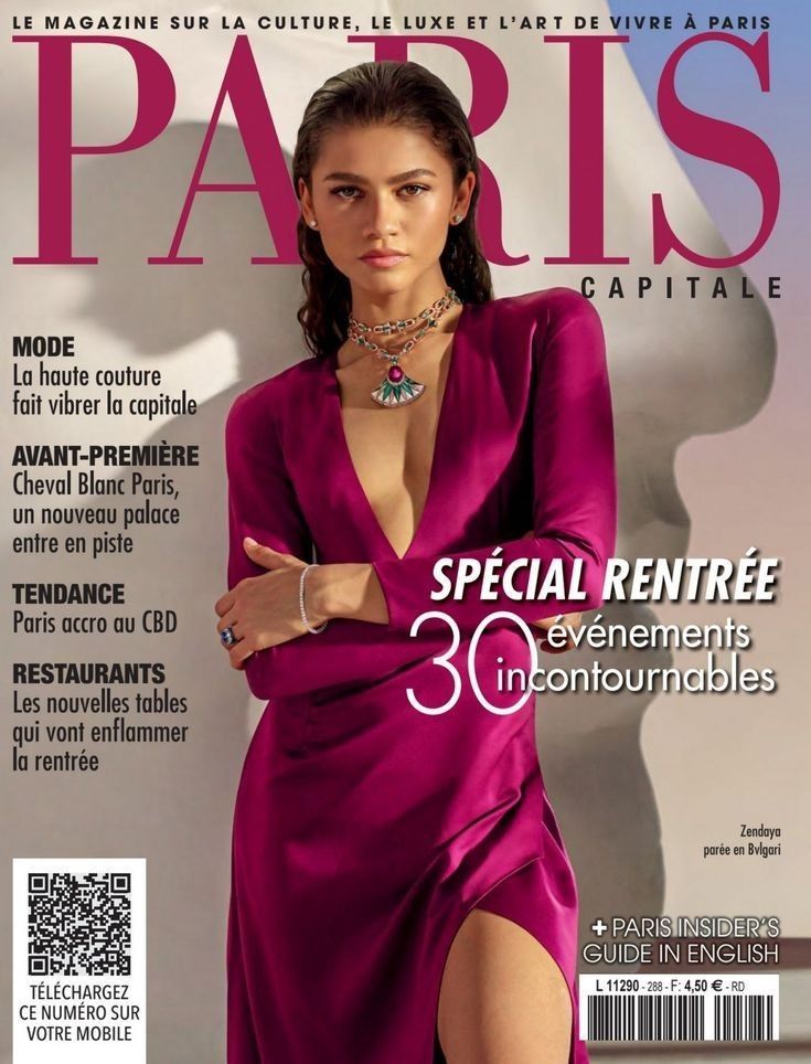 a woman in a purple dress is featured on the cover of paris capitale magazine