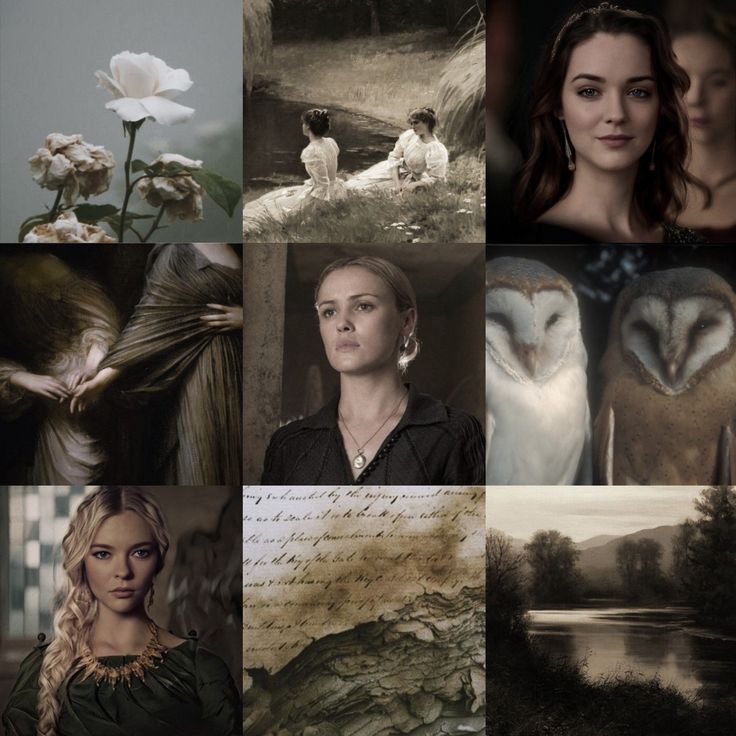 a collage of different pictures with women and animals in the middle one has an owl on it's head