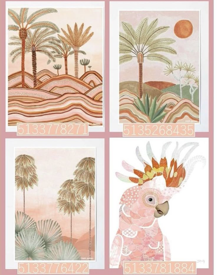 four pictures with palm trees and birds on them, all in pinks and greens