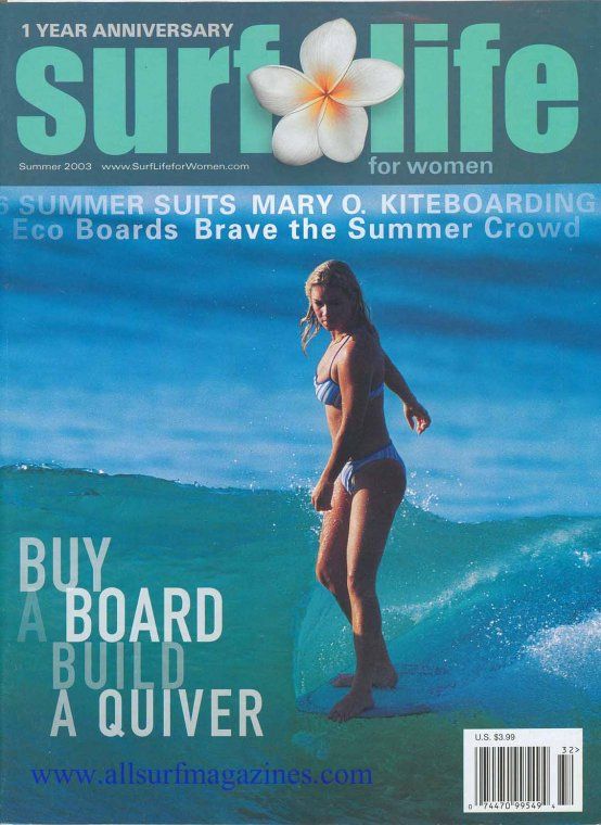 a magazine cover with a woman on a surfboard