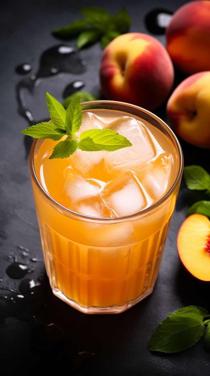 a glass filled with ice and some fruit