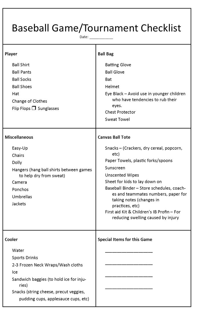 the baseball game tournament checklist is shown in black and white, as well as an image