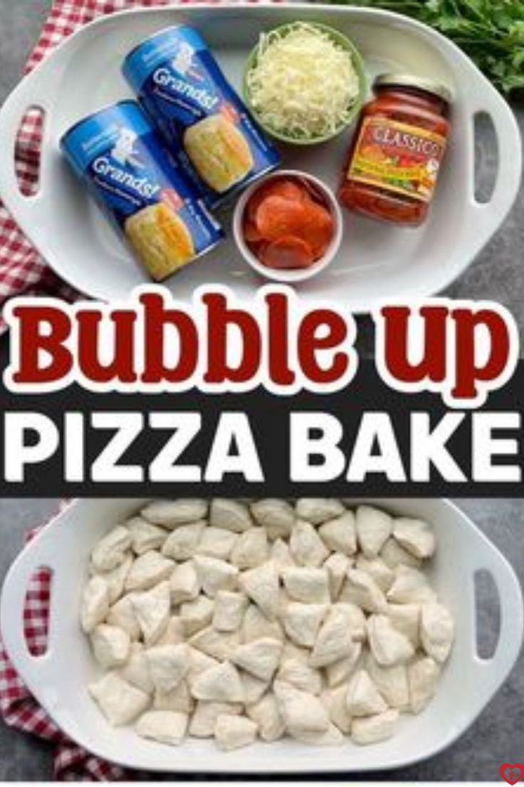 bubble up pizza bake recipe with ingredients in the bottom and on the top side