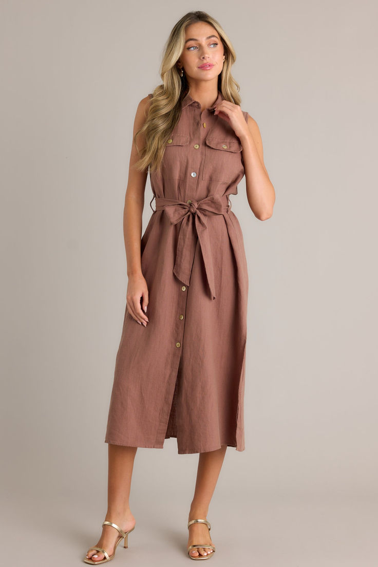 Unleash your timeless grace with our Brown Tie-Front Midi Dress! Perfect for any occasion, it effortlessly combines comfort and style, making you stand out in the most elegant way possible. This midi dress features a tie-front belt and a button-front design. (No more boring dresses!) Dresses For Ladies, Halter Bridesmaid Dress, Church Dress, Sleeveless Shirt Dress, Linen Dress Women, Rush Dresses, Dress Luxury, Brown Tie, Dress Linen