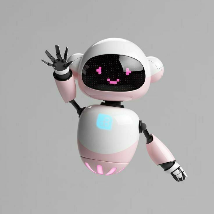 a pink and white robot flying through the air with it's hands up in the air