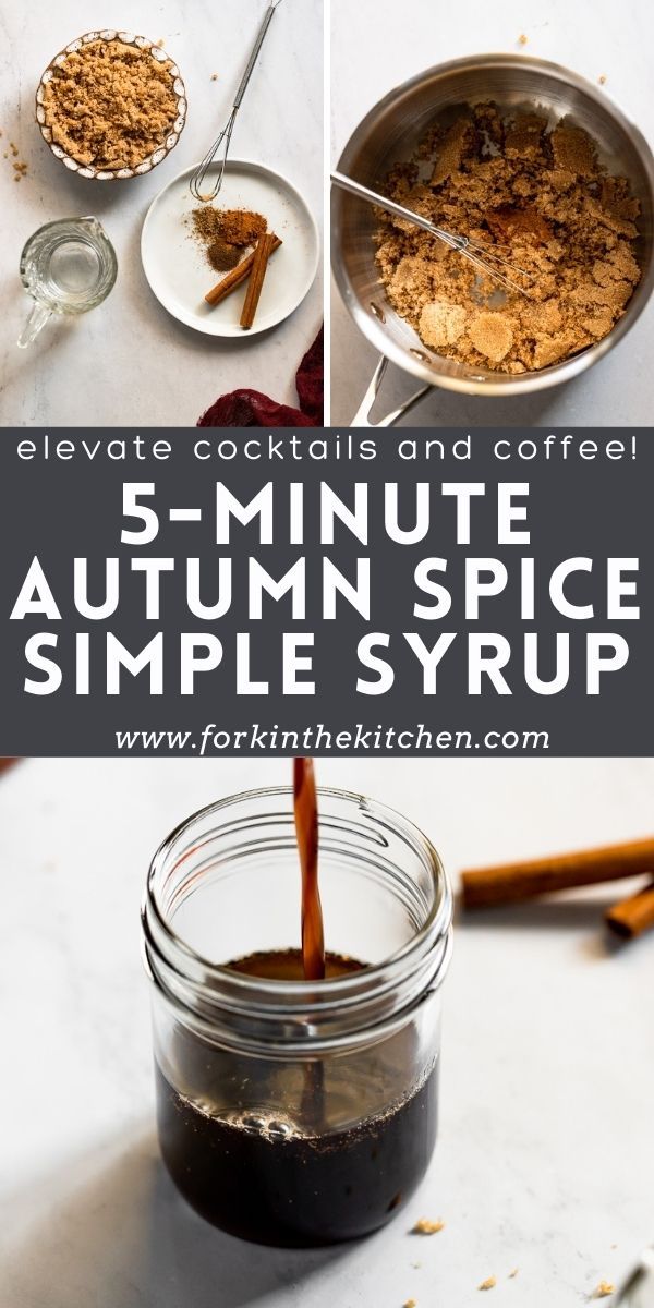 the recipe for 5 - minute autumn spice syrup is being poured into a glass jar