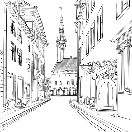 an ink drawing of a city street with buildings and a clock tower in the background