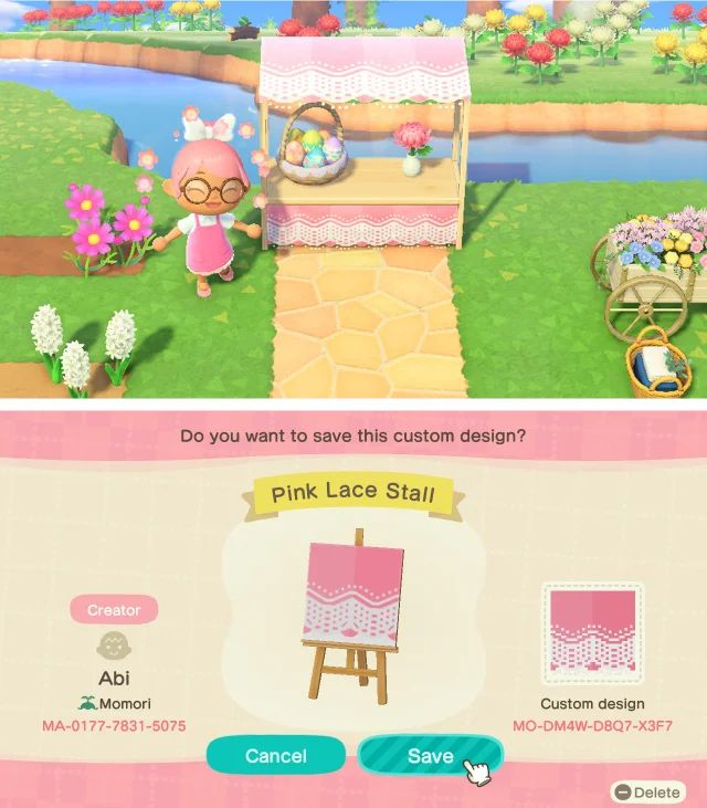 an animal crossing game with pink lace curtains and flowers on the ground, and another screenshot