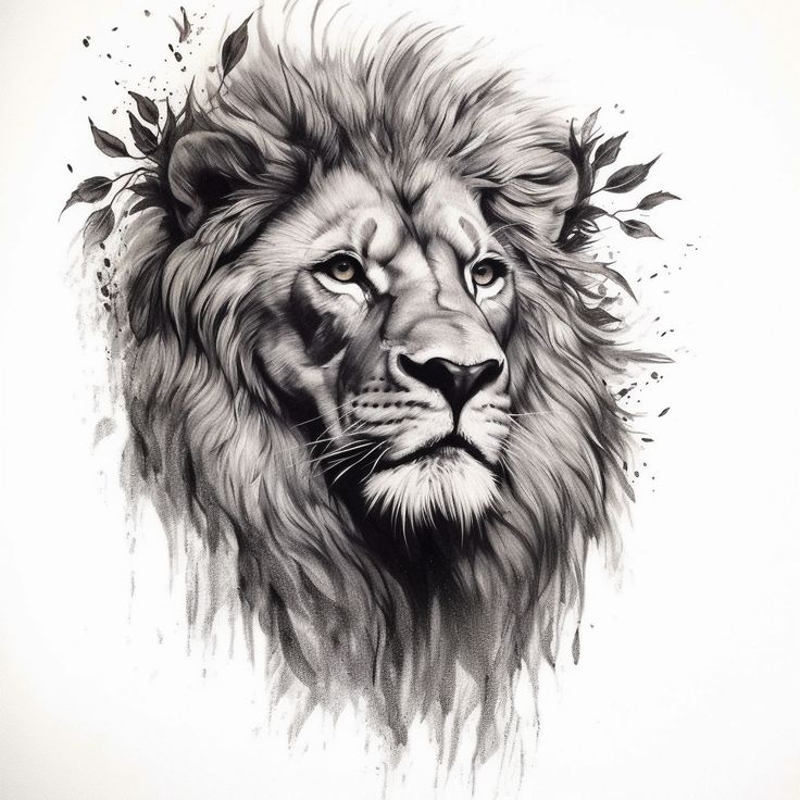 a black and white drawing of a lion's face with watercolor splashes