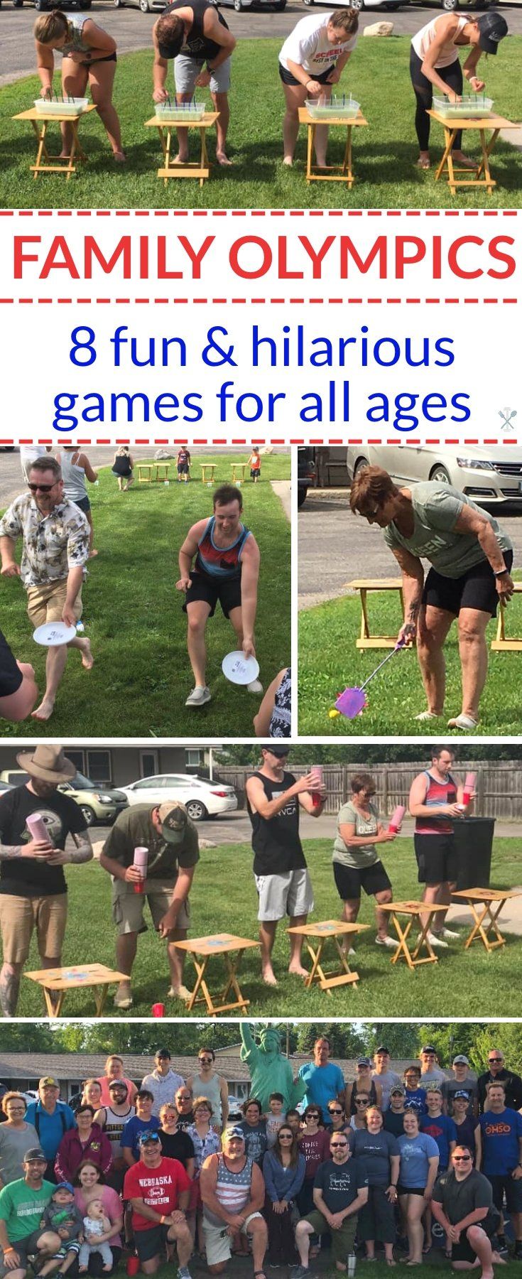 a collage of photos showing people playing games in the grass and on picnic tables