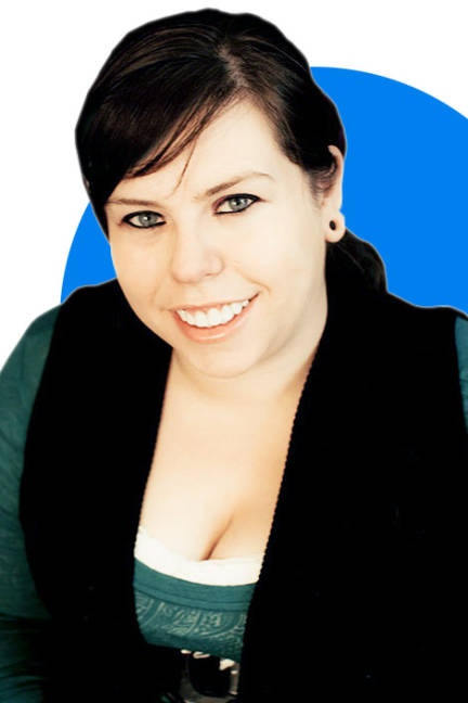 a woman is smiling and posing for the camera with a blue circle in the background