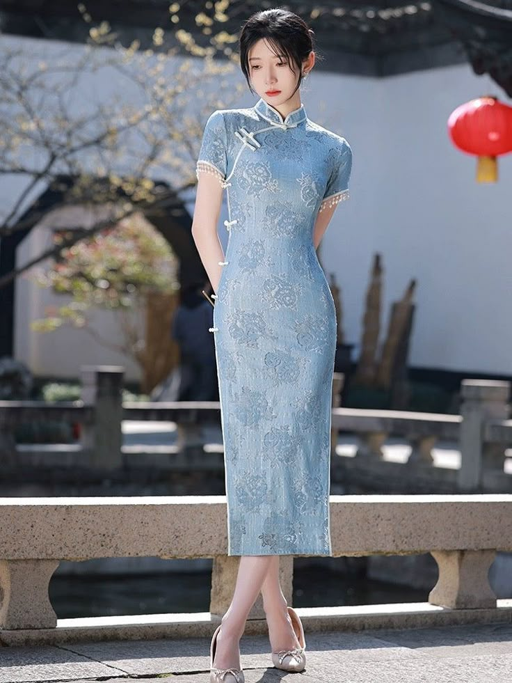 Sky Blue Cheongsam Dress – SpreePicky Qi Bao Dress, Chuba Dress, Blue Qipao, Blue Cheongsam, Chinese Traditional Dress, Fotografi Vintage, Qipao Cheongsam, Cheongsam Dress, Chinese Traditional