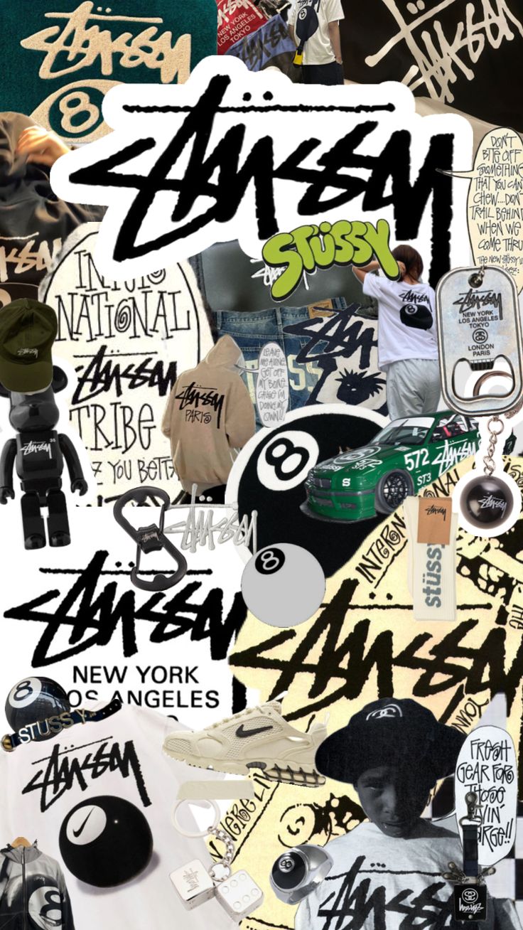 a collage of various skateboards and stickers with the words stussy on them