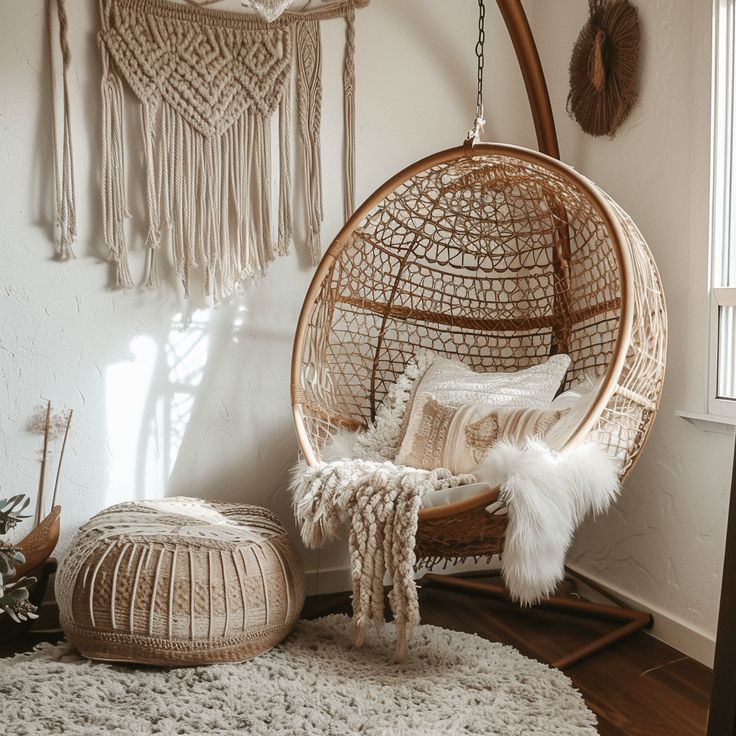 hanging egg rattan chair in a boho style room Woman Cave Ideas, Bedroom Hanging Chair, Rugs Black And White, Boho Style Room, Rugs 8x10, Beach House Interior Design, Meditation Corner, Boho Rugs, Vintage Inspired Decor