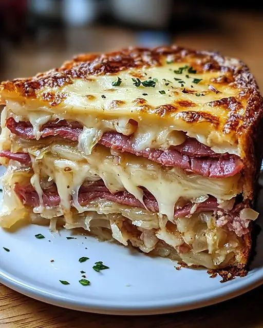 a piece of lasagna on a plate with cheese and meat in the middle