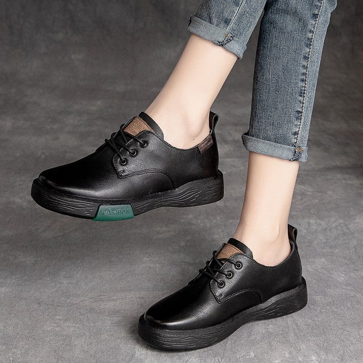 Women Classic Soft Leather Flat Casual Shoes-RAIIFY Black Leather Platform Lace-up Shoes, Casual Black Platform Lace-up Shoes, Black Leather Shoes With Round Toe For Spring, Casual Leather Shoes With Pointed Toe And Leather Sole, Black Leather Closed Toe Shoes With Contrast Sole, Casual Black Lace-up Shoes With Leather Footbed, Black Leather Shoes With Textured Sole For Spring, Casual Sneakers With Leather Sole And Pointed Toe, Black Leather Shoes With Textured Sole And Round Toe