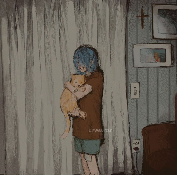 a drawing of a person with blue hair holding a cat in their arms and looking out the window