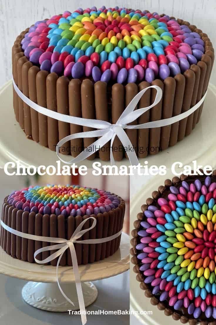 chocolate smartie cake decorated with multicolored candies