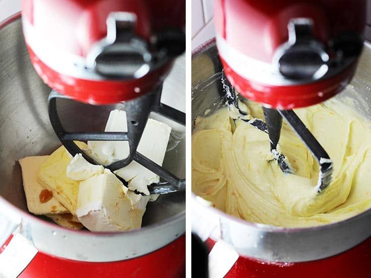 two pictures of a red mixer with yellow batter in it