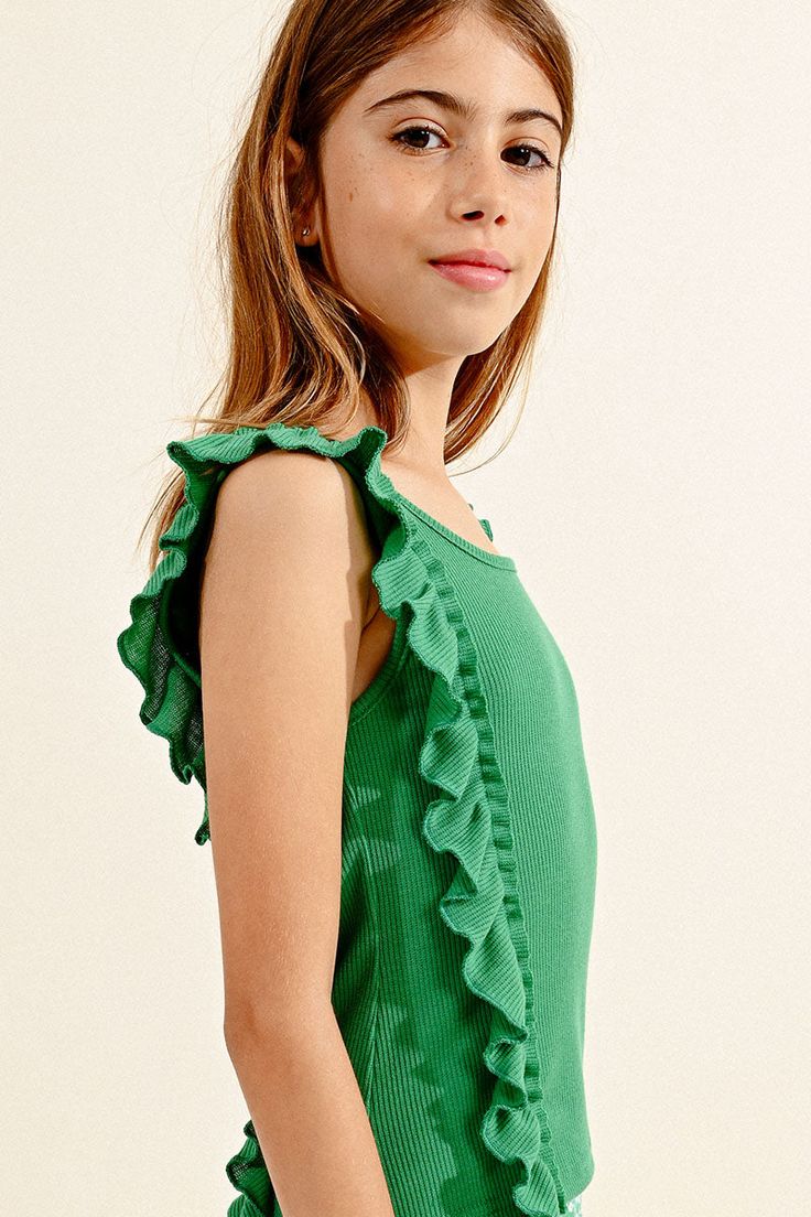 Girls Ruffle Tank Top – YellowBrickRoad Spring Ruffled Solid Color Tank Top, Ruffled Tank Top For Spring, Cute Ruffled Tank Top For Spring, Green Stretch Top With Ruffles, Spring Tank Top With Ruffled Straps, Chic Ruffled Tank Top In Solid Color, Fitted Ruffled Tank Top, Playful Green Tank Top, Playful Green Sleeveless Tank Top