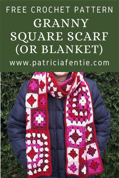 a woman wearing a red and white crocheted granny square scarf with text overlay that reads free crochet pattern granny square scarf or blanket or blanket