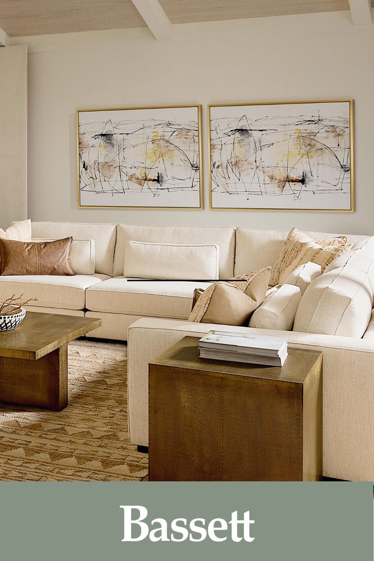 image of a neutral living room Living Room With L Shape Sofa, L Shaped Sectional, Sectional Sofa Beige, Leather Couches Living Room, Livingroom Sofa, Large Sectional Sofa, Friends Together, L Shape Sofa, Bassett Furniture