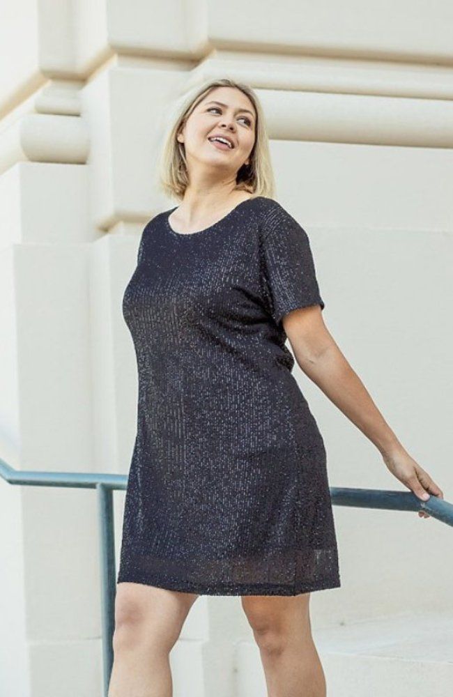 Women's plus black matte sequins shift above the knee dress