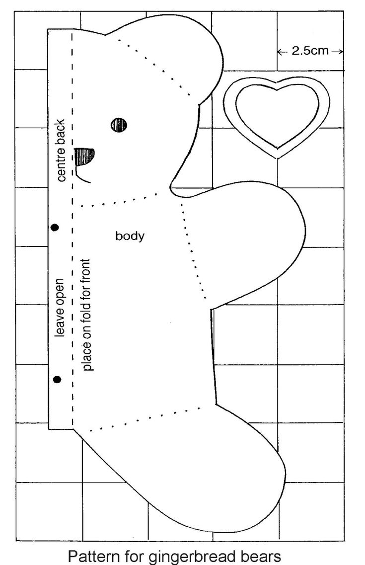 the pattern for a teddy bear with a heart on it's back and side