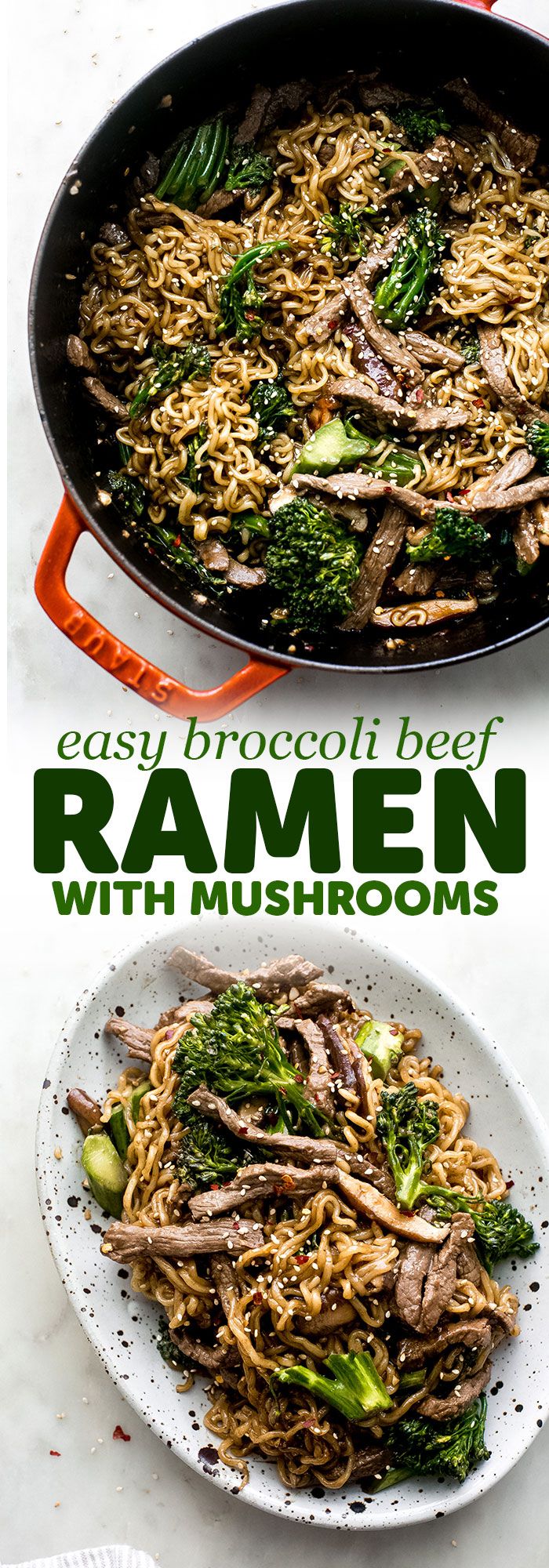 broccoli beef ramen with mushrooms in a skillet on a white table